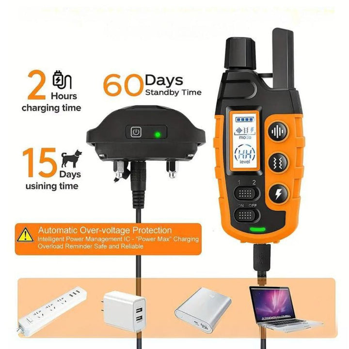 Waterproof and rechargeable e-collar for effective dog behavior training. Long-range remote.