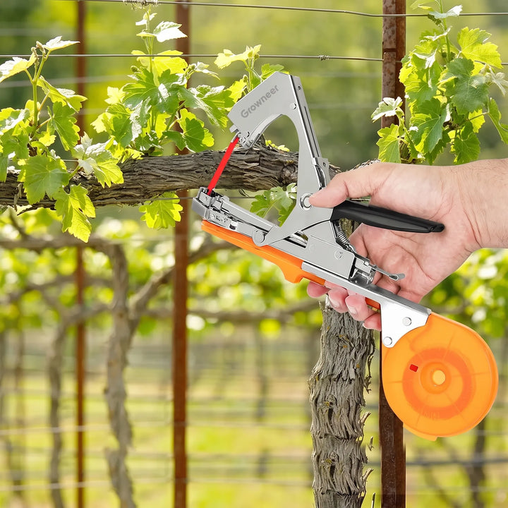 Durable plant tying machine for securing tomato plants, grapevines, and other garden vegetables.