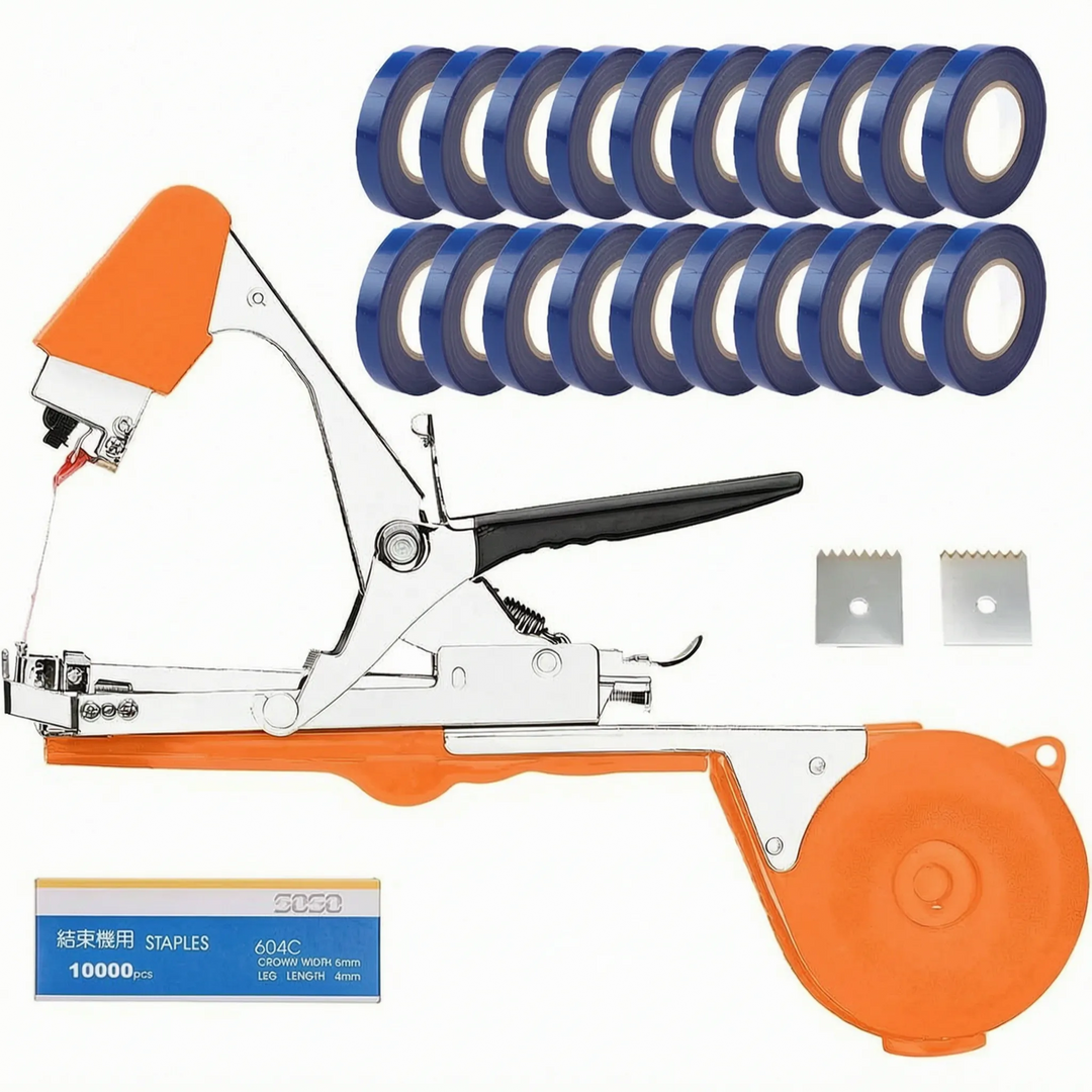 Garden plant tying tool with quick binding action for efficient vine and stem support in vegetable gardens.