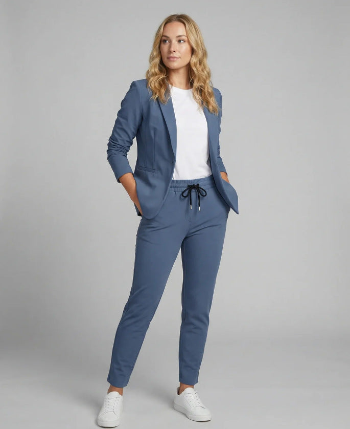 Modern women's two-piece pant suit set, featuring a stylish tailored blazer for a chic, contemporary look.