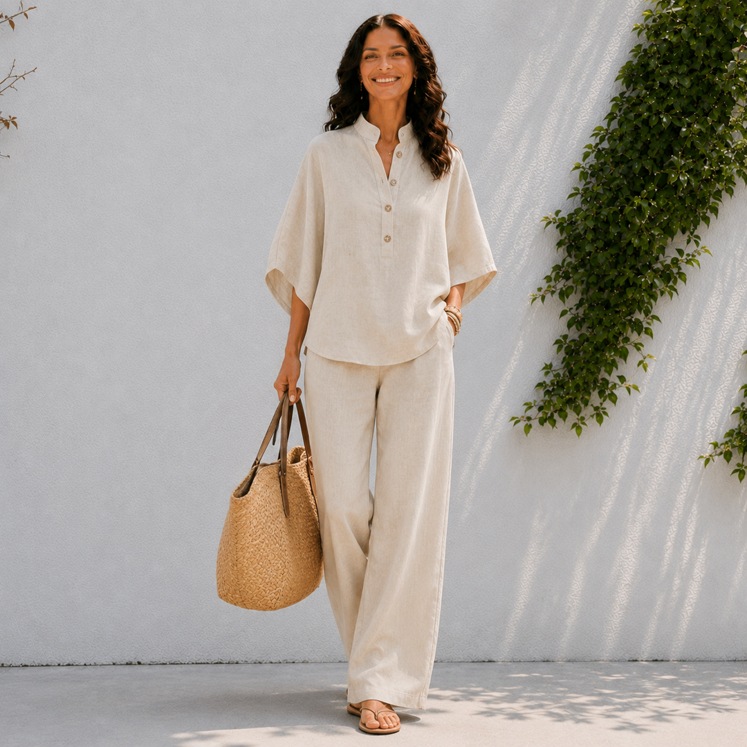 Effortless oversized women's matching set: relaxed button blouse & wide-leg pants. Perfect casual chic co-ord.