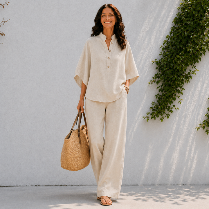 Effortless oversized women's matching set: relaxed button blouse & wide-leg pants. Perfect casual chic co-ord.