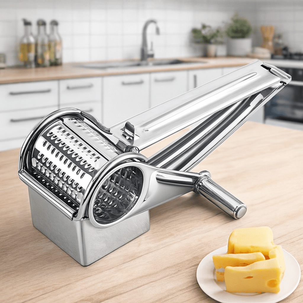 Effortless stainless steel rotary grater for grating hard cheeses & vegetables, making food prep easy.