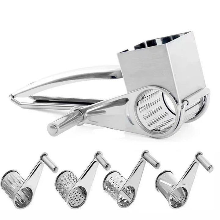 Rotary grater with all its components displayed: body, handle, and two different shredding drums.