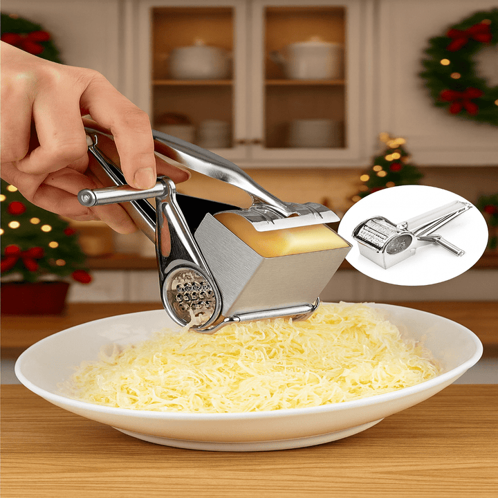Durable kitchen gadget: stainless steel rotary grater for quick vegetable slicing and food shredding.