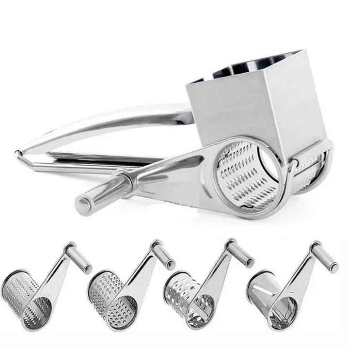 Compact stainless steel manual grater, designed for efficient and safe cheese & veggie shredding.
