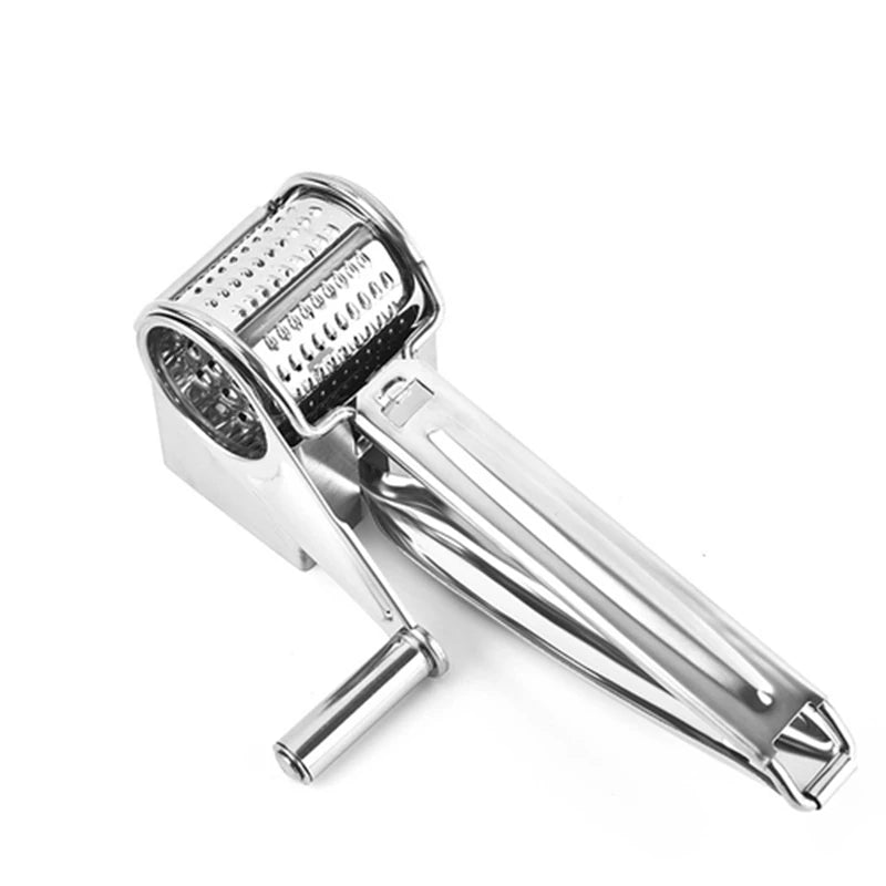 Hand holding an ergonomic rotary grater, demonstrating easy use for quick kitchen prep tasks.