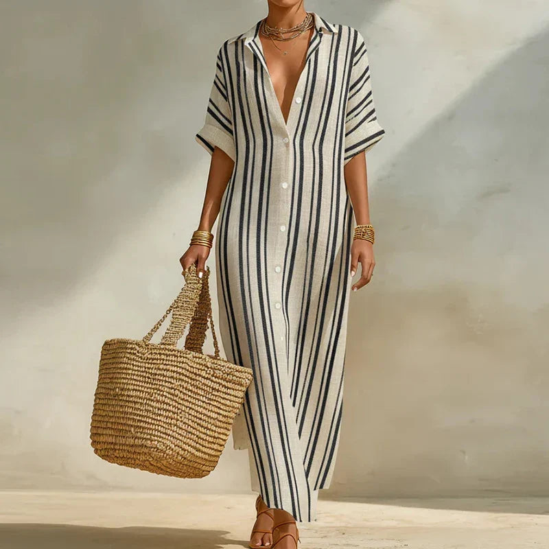 Effortless women's striped long shirt dress for summer. Relaxed fit, perfect casual style for warm weather.