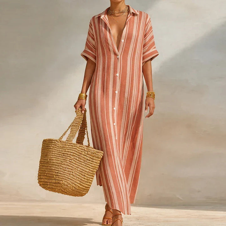 Elegant women's long striped shirt dress, perfect for summer. Casual yet chic, with a comfortable relaxed fit.