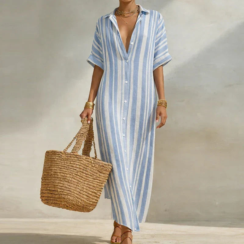 Comfortable women's striped long shirt dress. Relaxed fit, effortless style for casual summer days.