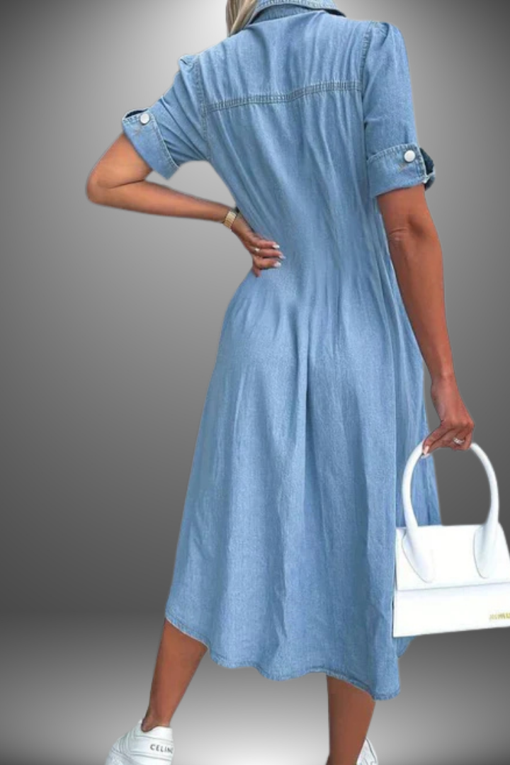 Comfortable women's blue printed flowy midi dress; an elegant everyday summer dress suitable for any occasion.