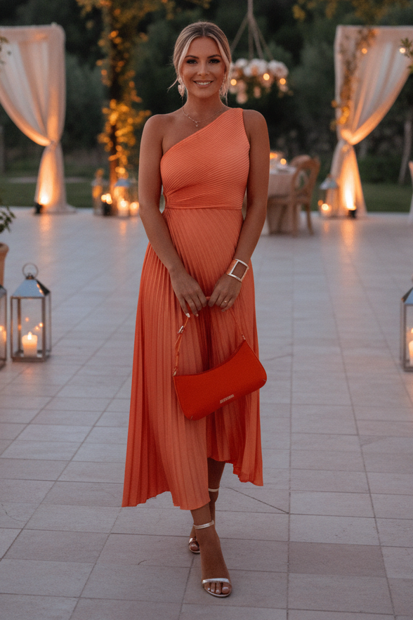 Chic pink one-shoulder formal maxi dress, ideal for party nights, events, and wedding guests.