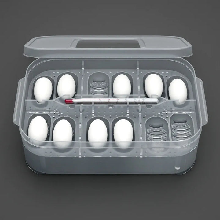 Egg storage box with thermometer on kitchen counter, showing organized eggs and temperature display.