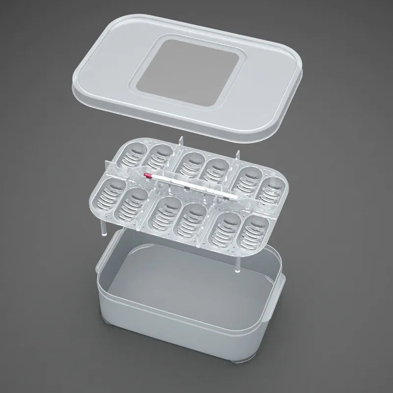 Clear egg storage box with a built-in thermometer, perfect for kitchen food organization and safety.
