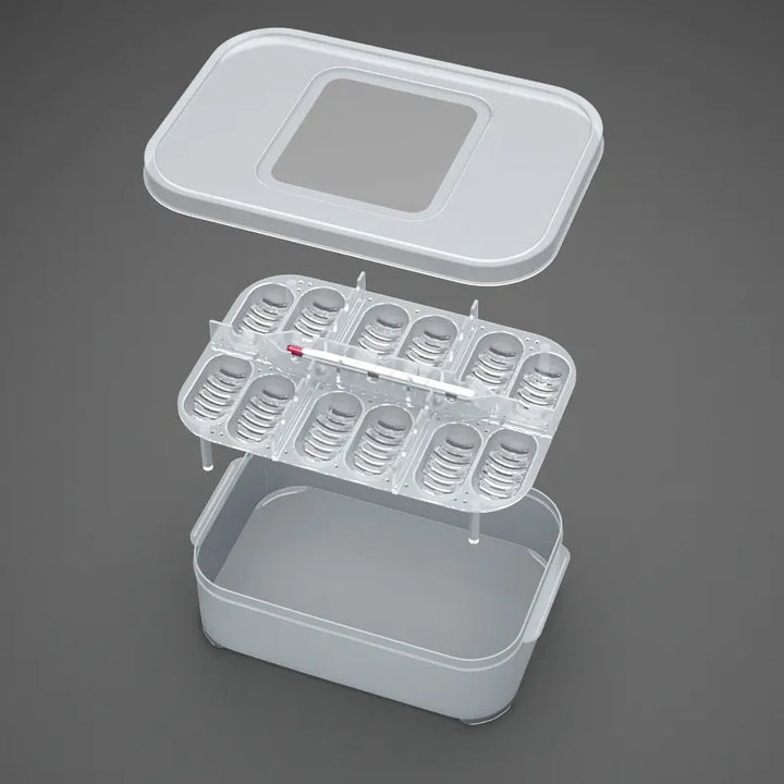 Clear egg storage box with a built-in thermometer, perfect for kitchen food organization and safety.
