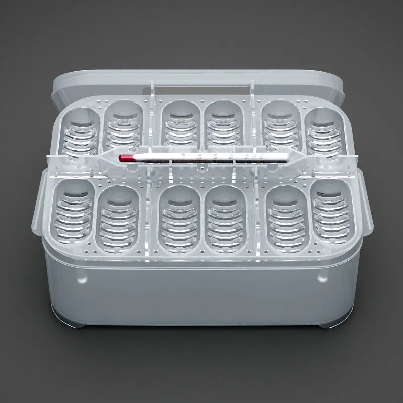 Top-down view of an egg storage container with individual egg slots and a digital thermometer.