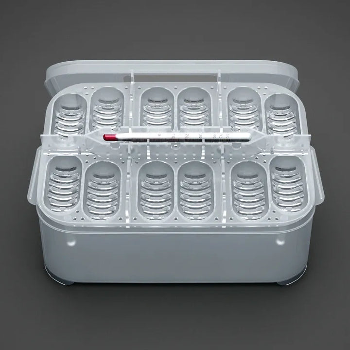 Top-down view of an egg storage container with individual egg slots and a digital thermometer.
