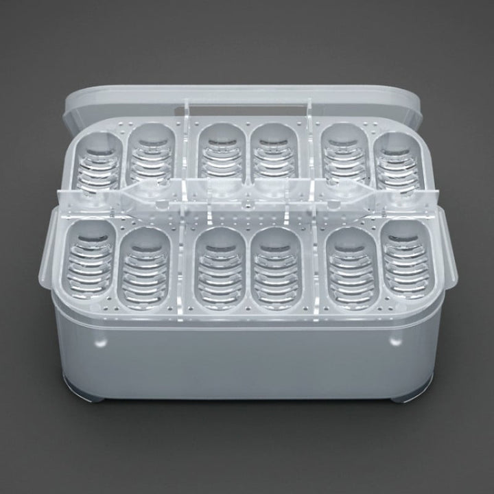 Kitchen storage solution: egg and small item organizer with thermometer, keeping food fresh.