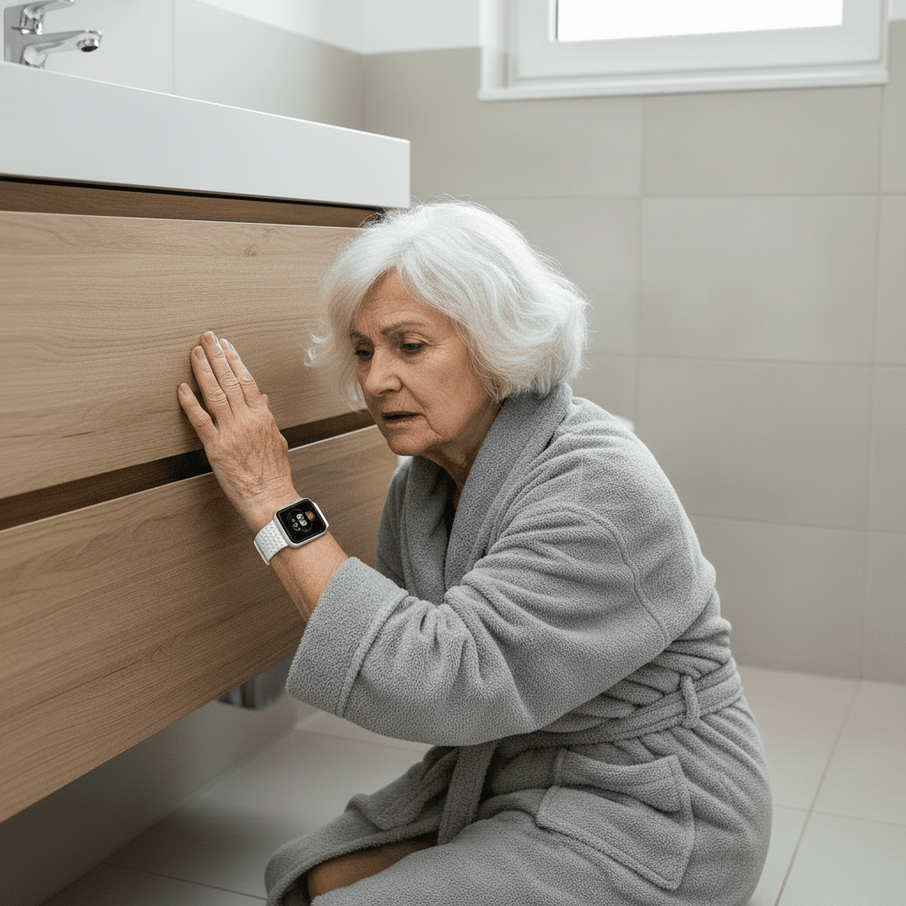 Elderly safety smartwatch worn on a senior's wrist, offering GPS tracking & health monitoring.