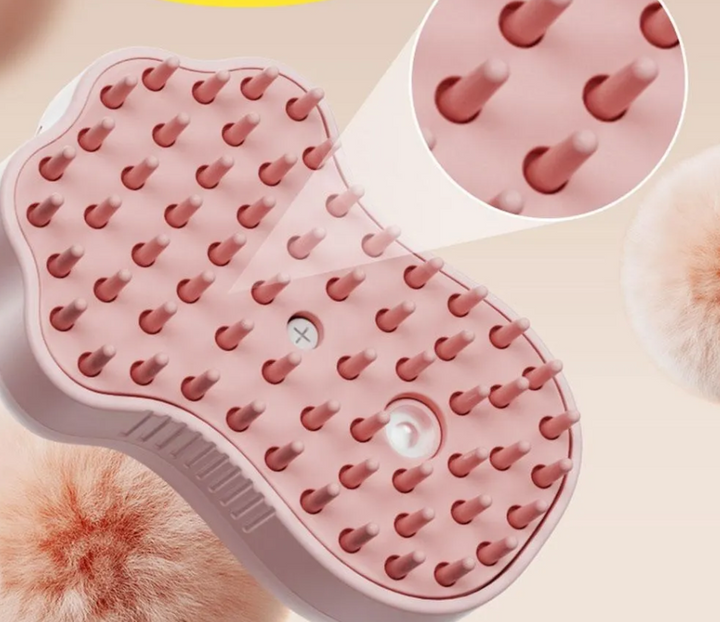 Electric pet brush for cats, promotes circulation, dispenses grooming soap easily