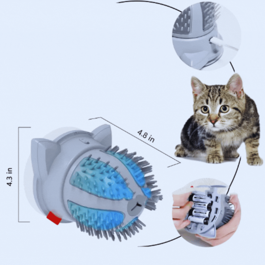 Electric Cat Self-Massager for grooming, with catnip, dual power & wall-mounted design for pet relaxation