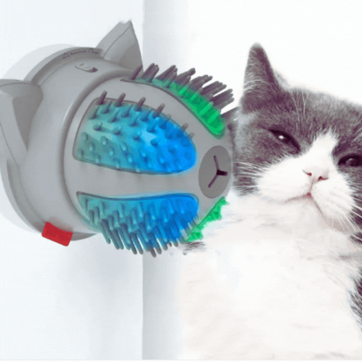 Close-up of electric cat groomer, self-massager with catnip pouch, showing dual power plug & rotating brush