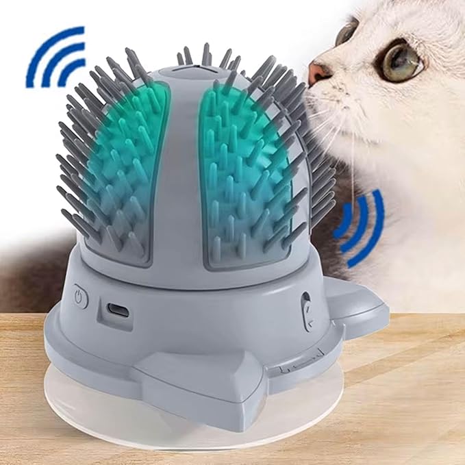 Wall-mounted electric cat massager with catnip, designed for pet grooming & relaxation, black and white