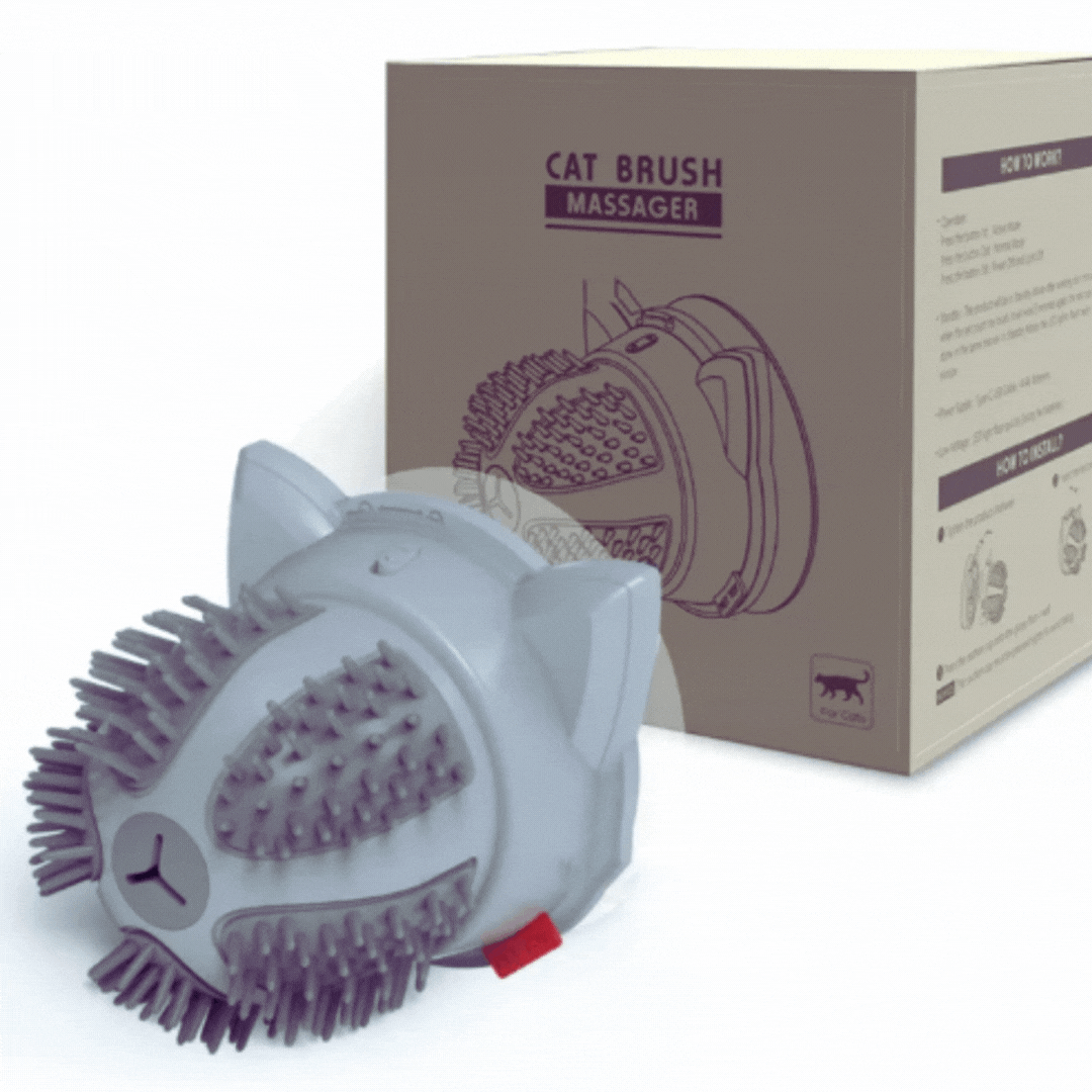 Interactive electric cat massager & grooming tool with catnip compartment, promoting relaxation & well-being
