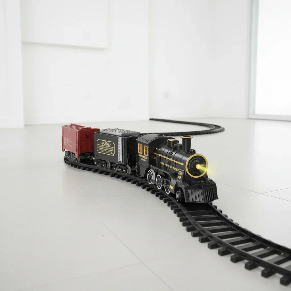 Electric Christmas train set for kids with flexible tracks, ideal festive holiday decor & children's toy.