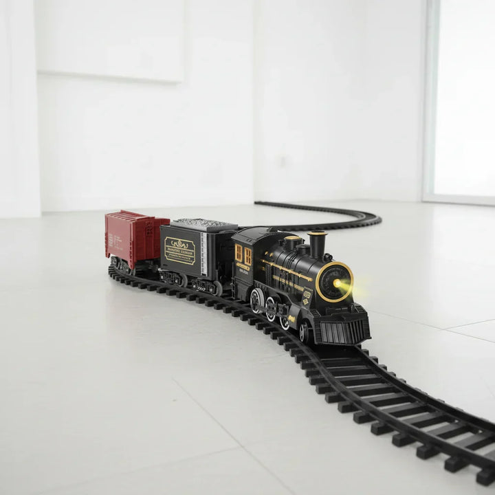 Electric Christmas train set for kids with flexible tracks, ideal festive holiday decor & children's toy.