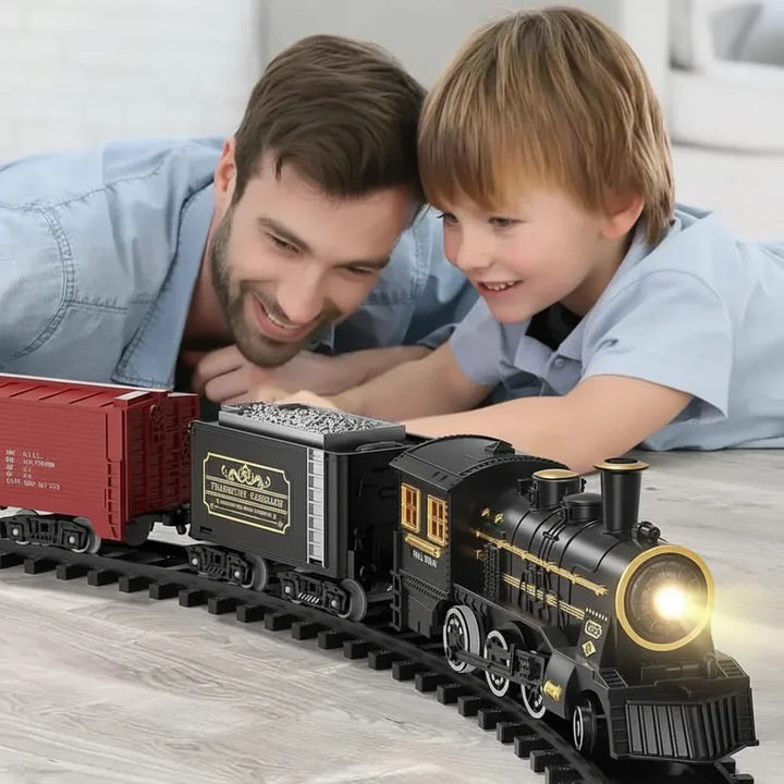 Festive electric Christmas train with flexible tracks, perfect holiday gift & fun toy for young children.