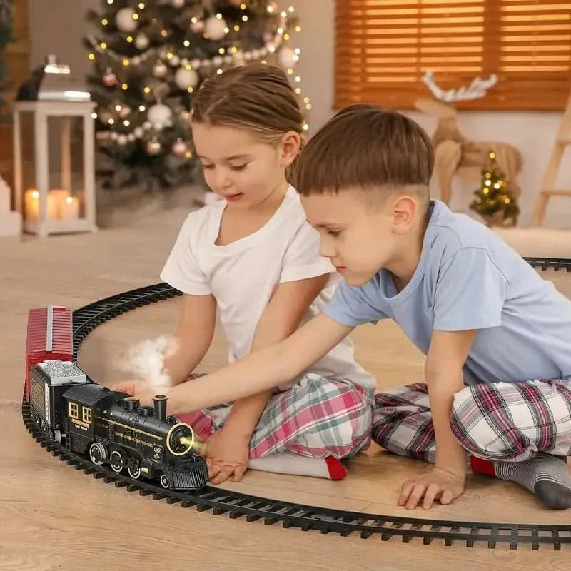 Kids' electric Christmas train set, flexible track design, adds joyful holiday decor & engaging playtime fun.