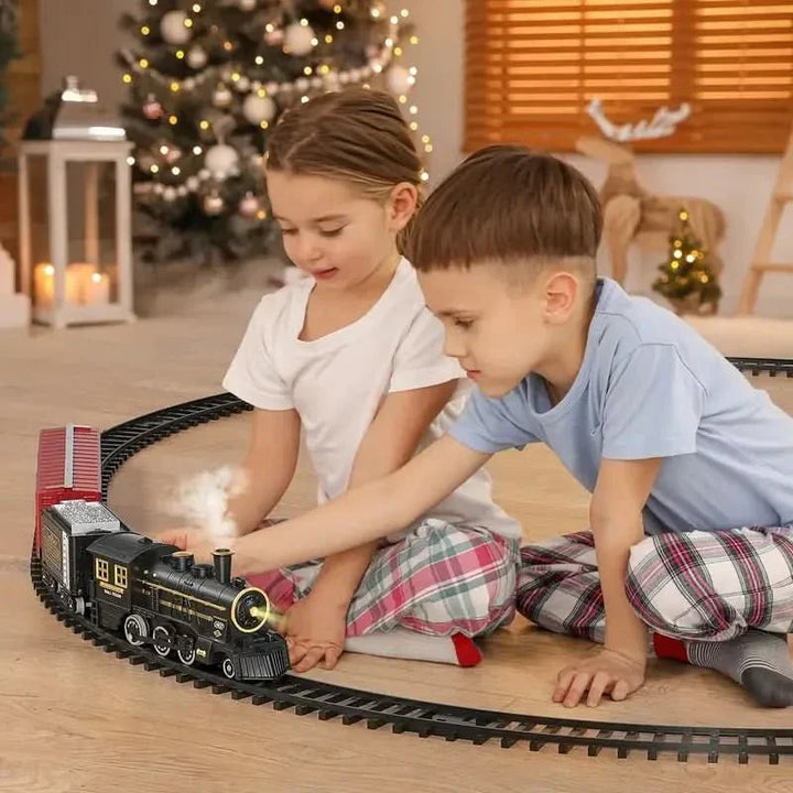 Kids' electric Christmas train set, flexible track design, adds joyful holiday decor & engaging playtime fun.