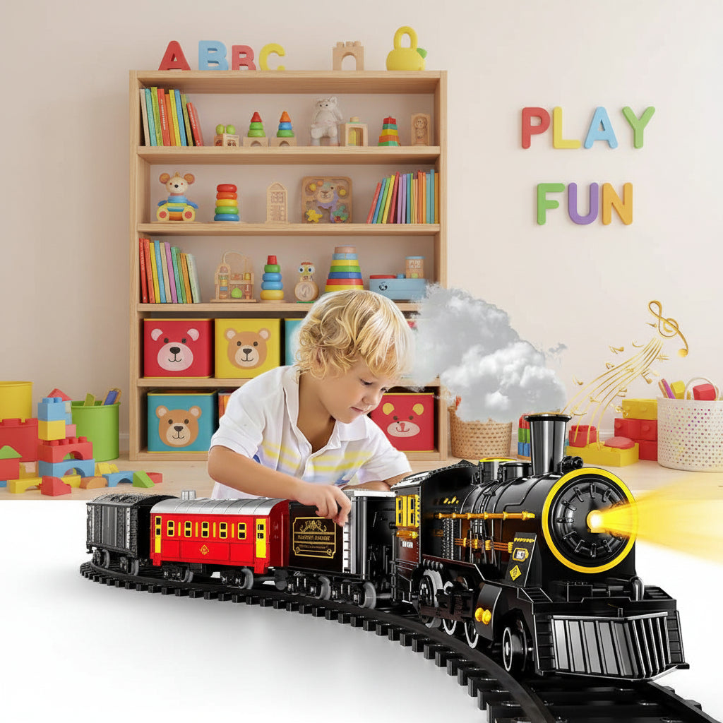 Durable electric Christmas train set with flexible tracks, a wonderful festive gift and holiday decor for families.