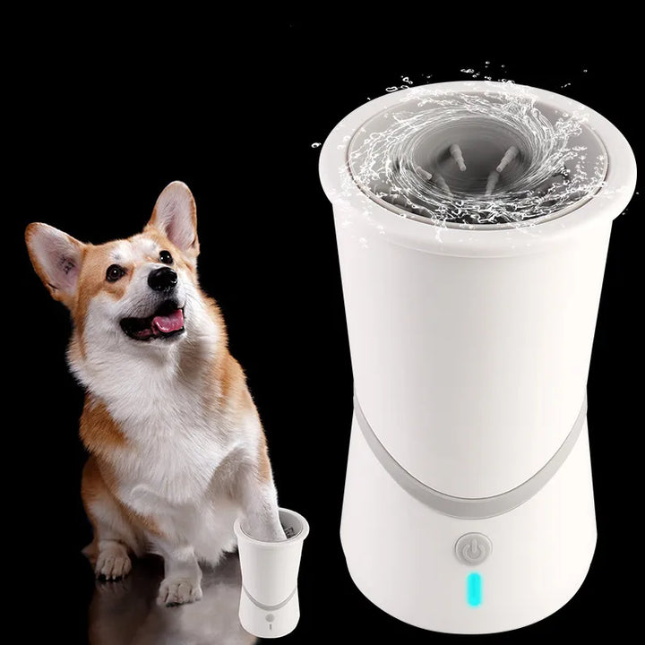 Electric dog paw cleaner, 360-degree deep cleaning for pet hygiene, grey and white device