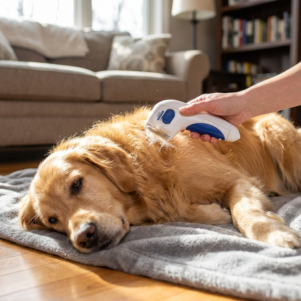 Electric flea comb for chemical-free flea removal on cats and dogs, a safe pet grooming tool for healthy pets.