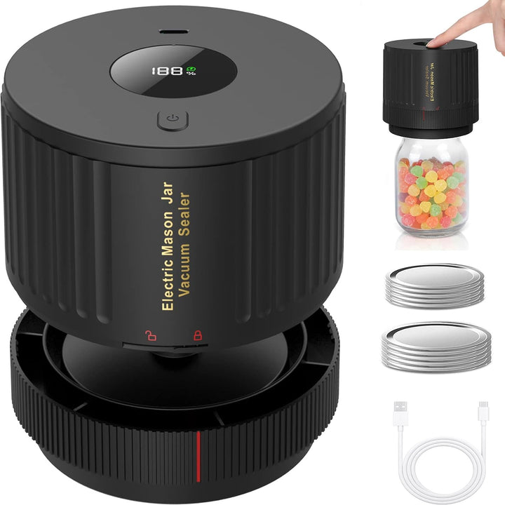 Electric Mason Jar Vacuum Sealer Kit for long-term food preservation & freshness. Keeps dry goods safe.