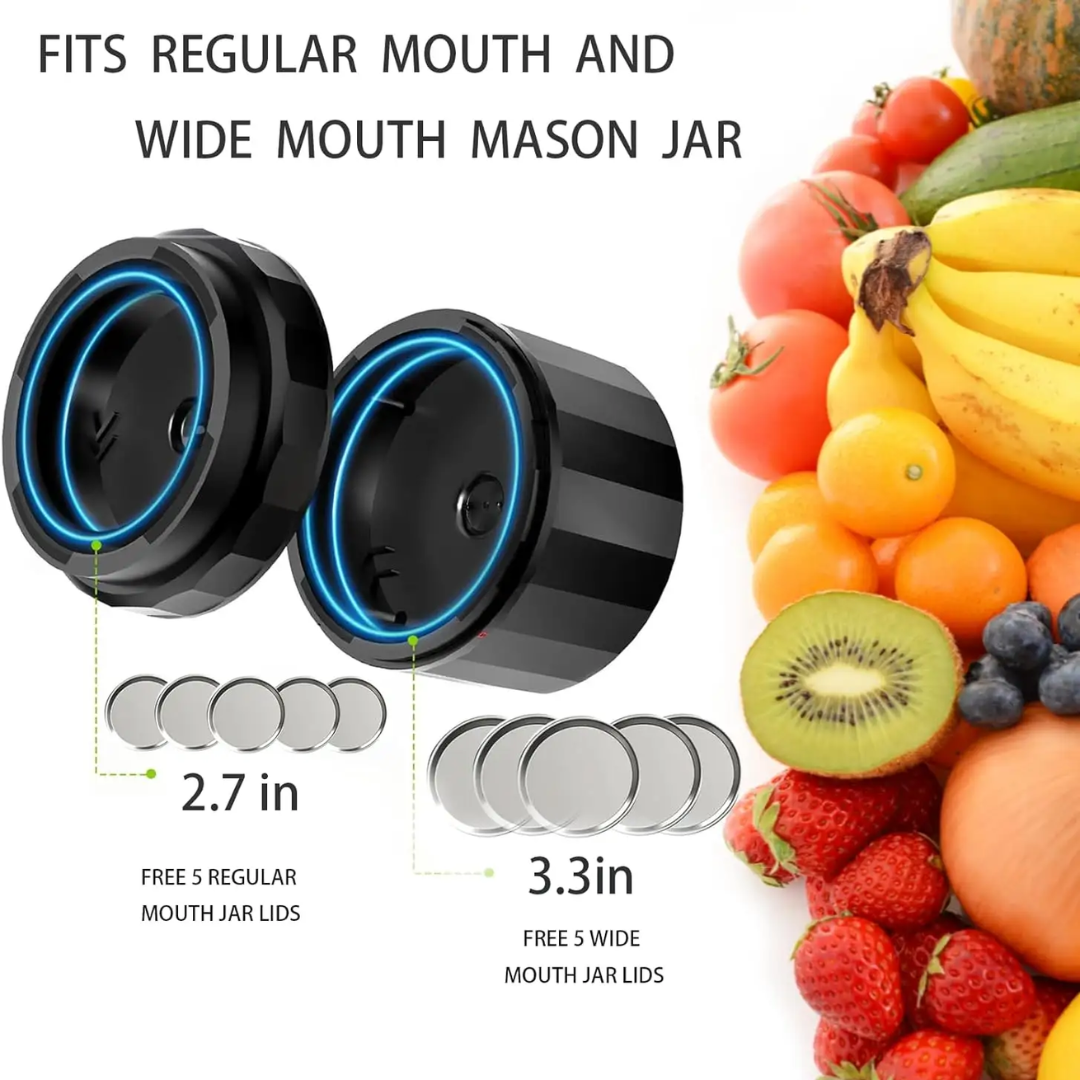 Display of electric mason jar vacuum sealer, hoses, and mason jars for food preservation.