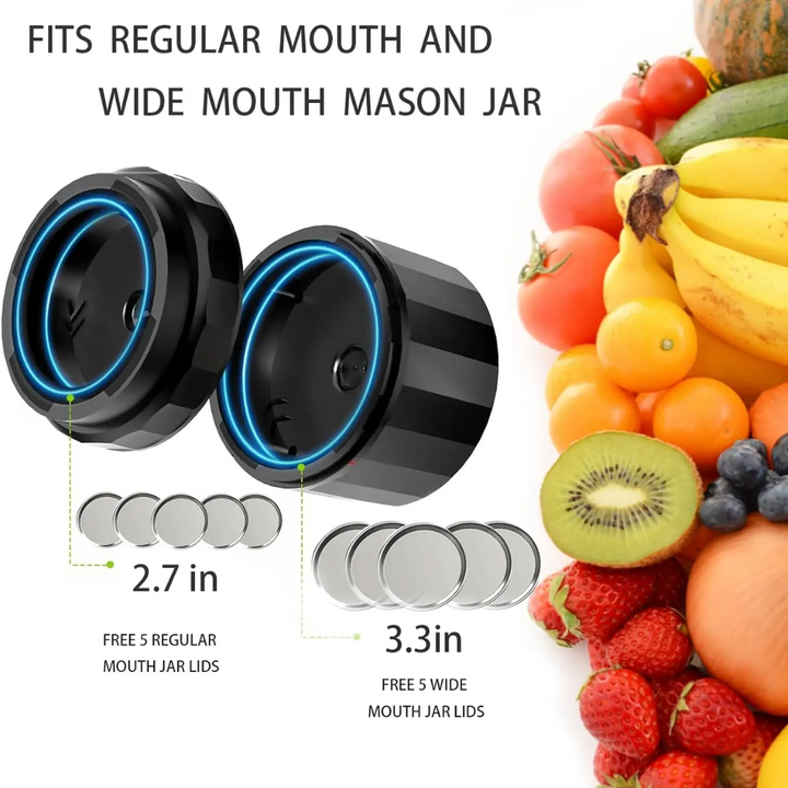 Display of electric mason jar vacuum sealer, hoses, and mason jars for food preservation.