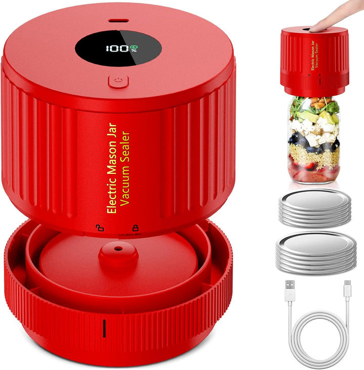Automatic electric jar sealer ensures airtight food preservation for mason jars. Easy kitchen tool.