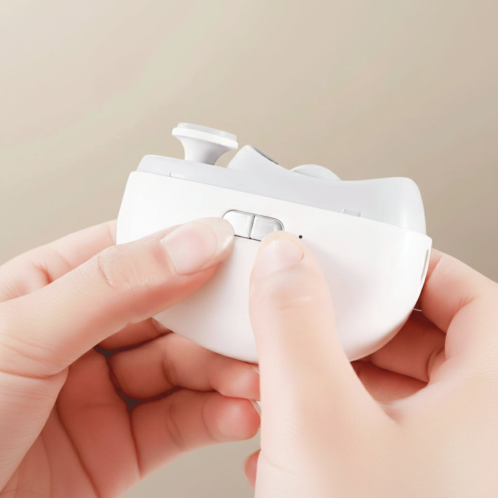 User performing a manicure with electric nail care device, achieving smooth, perfectly shaped nails.
