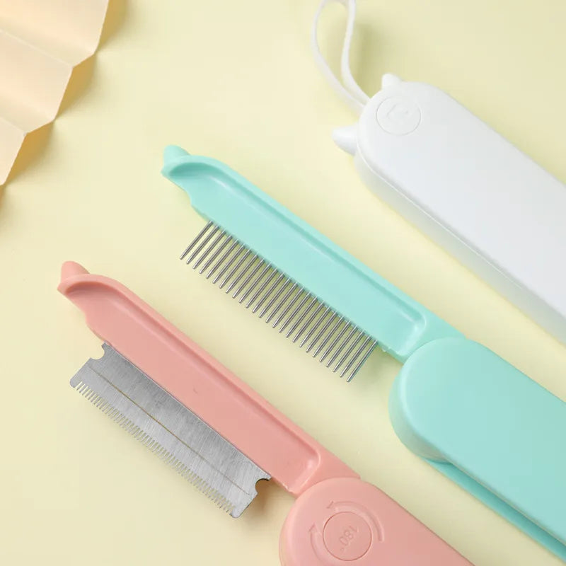 Close-up of an electric cat brush, showing fine detangling bristles and ergonomic handle for pet grooming.