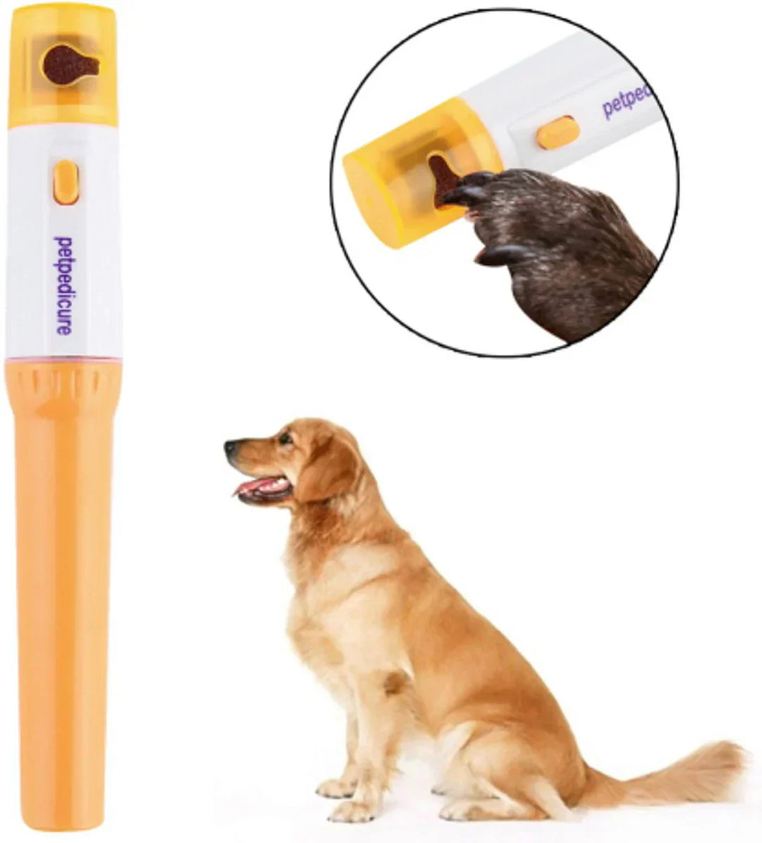 Hand holding an electric pet nail grinder, close-up of rotating head, for easy dog & cat nail trimming