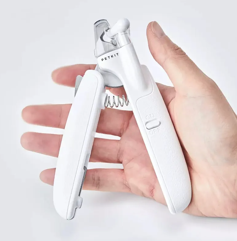 Electronic pet claw trimmer with LED light, designed for enhanced visibility during dog and cat grooming.