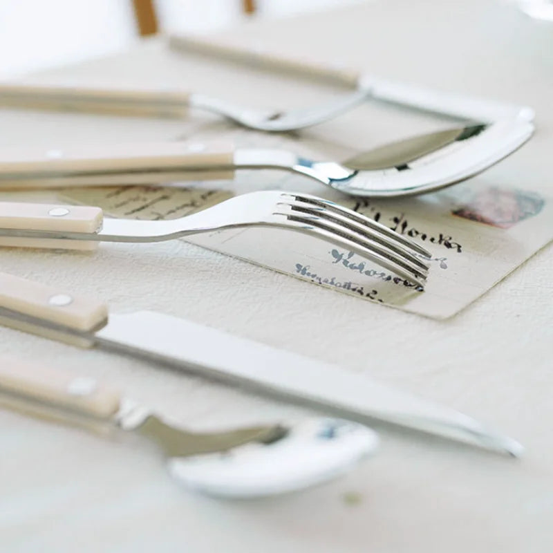 Modern 24-piece engraved stainless steel cutlery set. Elegant flatware for dining, durable and stylish tableware.