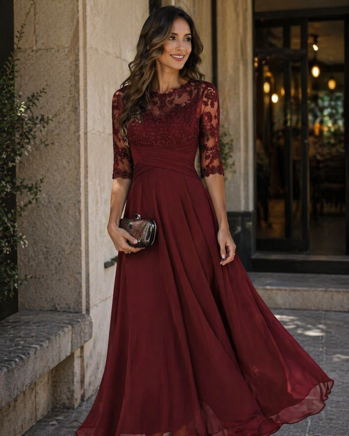Elegant A-line evening dress for women with 3/4 sleeves, perfect for formal occasions & galas.