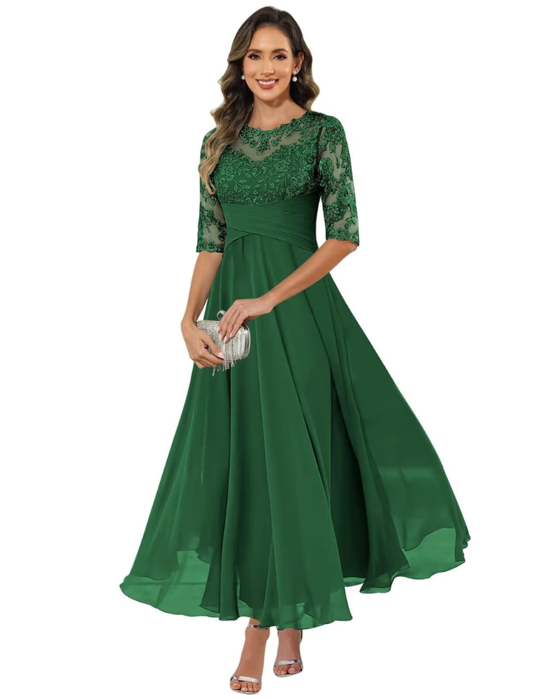 Timeless women's A-line evening gown, a classic formal dress with 3/4 sleeves.