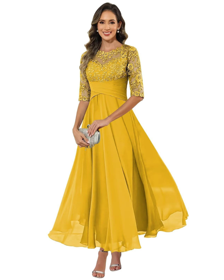 Women's elegant 3/4 sleeve A-line dress, perfect for weddings, galas, or evening parties.
