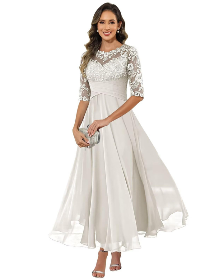 Sophisticated women's A-line evening dress with 3/4 sleeves for formal events & special occasions.