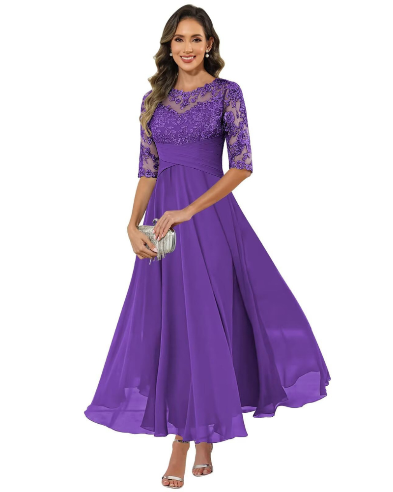 Chic women's A-line evening gown with elegant 3/4 sleeves, perfect for special occasions.